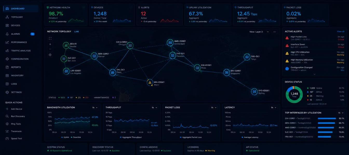 Dashboard de monitoramento de rede NOC com mapa de topologia e gráficos em tempo real